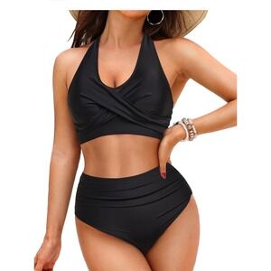 TALISEA Bikini Set Women Size M Black New High Waisted Halter Wrap Swimsuit